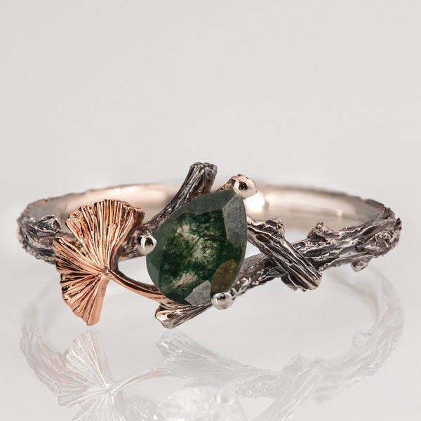 Twig and Ginkgo Leaf Engagement Ring, Moss Agate engagement ring, Ginkgo Leaf Ring, Moss Agate twig ring
