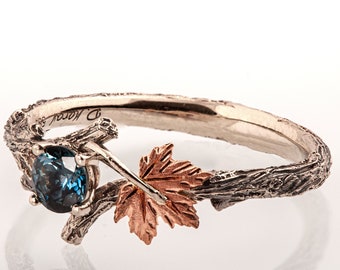 Twig and Leaf Engagement Ring, Teal Sapphire engagement ring, Maple Leaf Ring, Montana Sapphire twig ring