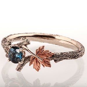 Twig and Leaf Engagement Ring, Teal Sapphire engagement ring, Maple Leaf Ring, Montana Sapphire twig ring