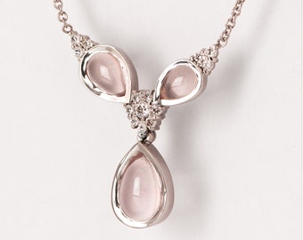 Read To Ship , Rose Quartz and Diamonds White Gold Pendant