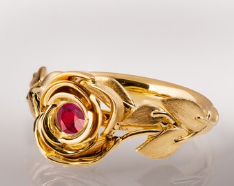 Rose Engagement Ring, 14K Gold and Ruby engagement ring, engagement ring, leaf ring, flower ring, antique, art nouveau, vintage
