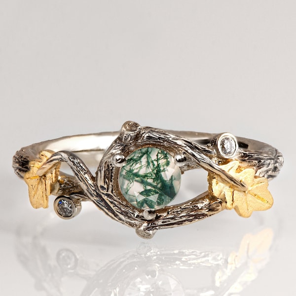 Twig and Oak Leaf Moss Agate Engagement Ring, Tree Branch Green Moss Agate Engagement Ring