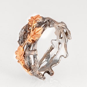 Twig and Oak Leaf Wedding Ring, Twig Wedding band, Leaf Wedding Ring, Bark Wedding Ring