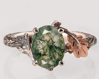 Twig and Oak Leaf Moss Agate Engagement Ring, Oval Moss Agate Twig engagement ring