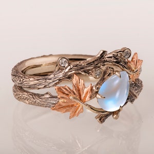 Zweig und Blatt Verlobungsring, Mondstein Verlobungsring, Ahornblatt Mondstein Ring, Mondstein Zweig Braut Set