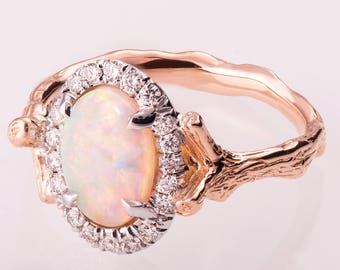 Opal Twig Ring, Opal and Diamonds Twig Ring