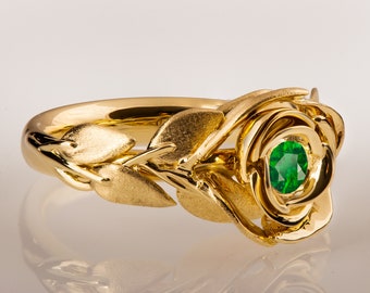 Emerald Rose Ring, Rose Engagement Ring, 14K Gold and Emerald engagement ring, emerald flower ring, flower ring, antique ring, vintage