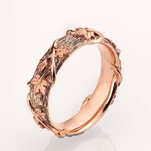 Twig and Maple Leaf Wedding Ring, 14 Rose Gold Bark Wedding Ring