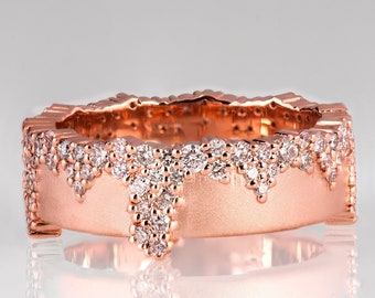 Snow Ring, Rose Gold Wedding Ring Set With a Cluster of Diamonds