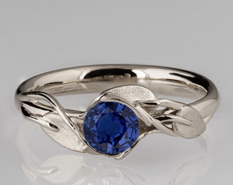 Leaves Engagement Ring, 14K White Gold and Blue Sapphire engagement ring, engagement ring, leaf ring