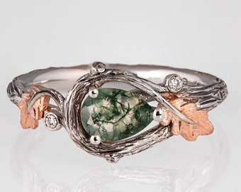 Twig and Oak Leaf Green Moss Agate Engagement Ring, Pear Cut Moss Agate engagement ring