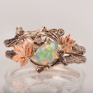 Twig and Leaf Engagement Ring, Opal engagement ring, Maple Leaf Opal Ring, Opal twig ring