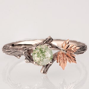 Twig and Maple Leaf Engagement Ring, Moss Agate engagement ring