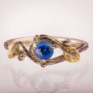 Black Twig and Leaves Blue Sapphire Engagement Ring