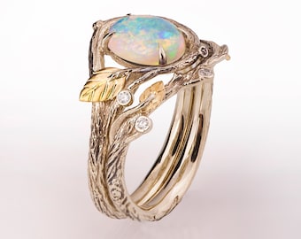 Black Twig and Gold Leaves Oval Australian Opal Bridal Set