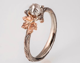 Raw Diamond Maple Leaf Ring, Twig and Leaf Rough Diamond Engagement Ring