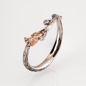 Twig and Leaf Wedding Ring, Bark Wedding Ring, bark wedding ring, rose gold ring, Ginkgo Leaf Ring