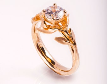 Leaves Engagement Ring 14k rose gold, Moissanite engagement ring, engagement ring, leaf ring