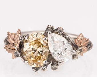 Moi et Toi Twig and Maple Leaves Engagement Ring, Yellow and White Diamond Ring