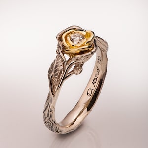 Rose Engagement Ring, Twig and Flower Ring, Gold and Diamond engagement ring, unique engagement ring, leaf ring, flower