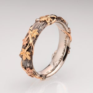 Twig and Maple Leaf Wedding Ring, 14 Rose Gold Bark Wedding Ring
