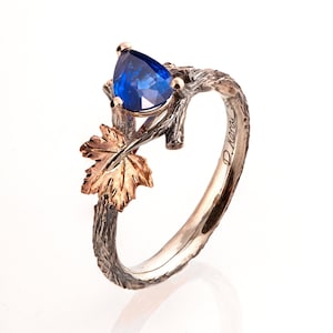 Twig and Leaf Engagement Ring, Pear Sapphire engagement ring, Maple Leaf Ring, Blue Sapphire twig ring