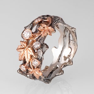 Twig and Maple Leaf Diamond Wedding Ring: Two-Tone Gold Bark Band