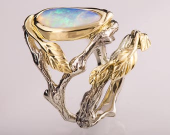 Twig and Leaf Engagement Set, Opal engagement ring, Twig Opal ring, Leaf Opal Ring, 8
