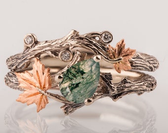 Twig and Leaf Bridal Set, Moss Agate engagement ring, Maple Leaf Ring, Moss Agate twig ring