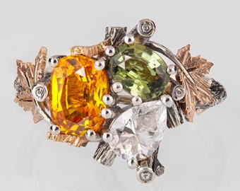 Multi-Stone Maple Leaf Orange Yellow Sapphire Green Sapphire and Diamond Platinum Ring