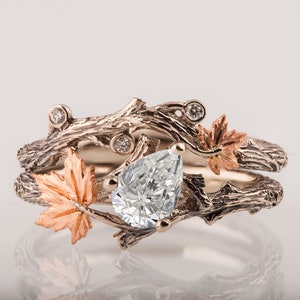 Twig and Leaf Engagement Ring, Moissanite engagement ring, Maple Leaf Ring, moissanite twig ring, Twig Bridal Set image 1