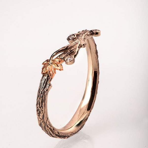 Twig and Leaf Wedding Ring, Bark Wedding Ring, bark wedding ring, rose gold ring, Maple Leaf Ring