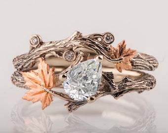 Twig and Leaf Engagement Ring, Twig Bridal Set, Two Tone Twig Ring, Leaf Diamond Ring, Leaves Ring, Twig Ring, Engagement Ring