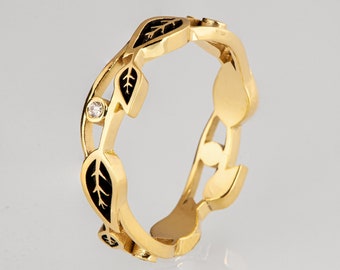 Black Leaves Wedding Band, Leaves Diamond Ring
