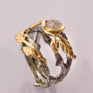 Twig and Leaf Bridal Set, Rough Diamond Wedding Set, Unique Engagement ring, rough diamond ring, raw diamond ring, uncut diamond,
