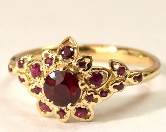 Ruby Art Deco Petal Engagement Ring No.2B  - 14K Gold and Ruby engagement ring, leaf ring, flower ring, natural ruby ring, halo ring, rubies