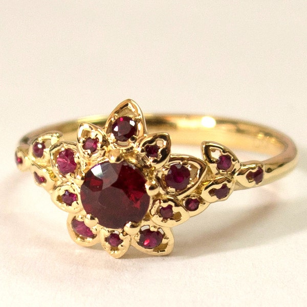 Ruby Art Deco Petal Engagement Ring No.2B  - 14K Gold and Ruby engagement ring, leaf ring, flower ring, natural ruby ring, halo ring, rubies