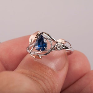 Pear Sapphire Ring, Leaf Sapphire Ring, Leaves Sapphire Ring, Sapphire engagement ring, Two Tone Sapphire ring, Pear Sapphire Leaf ring image 4