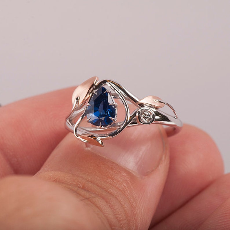 Pear Sapphire Ring, Leaf Sapphire Ring, Leaves Sapphire Ring, Sapphire engagement ring, Two Tone Sapphire ring, Pear Sapphire Leaf ring image 4