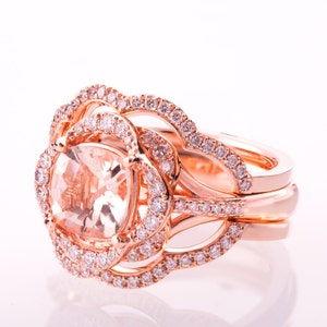 Morganite Engagement Set, Morganite Bridal Set, Unique Engagement Set, Art Deco, Cushion Cut Morganite Set, Rose Gold Morganite Set, r022 image 2