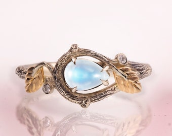 Twig and Leaf Engagement Ring, Pear Moonstone Ring