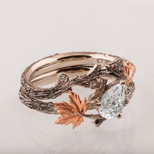 Twig and Leaf Engagement Ring, Moissanite engagement ring, Maple Leaf Ring, moissanite twig ring, Twig Bridal Set image 6