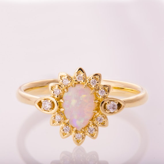 Vintage Pear Opal Halo Ring, Natural Diamond, Gold Engagement Ring