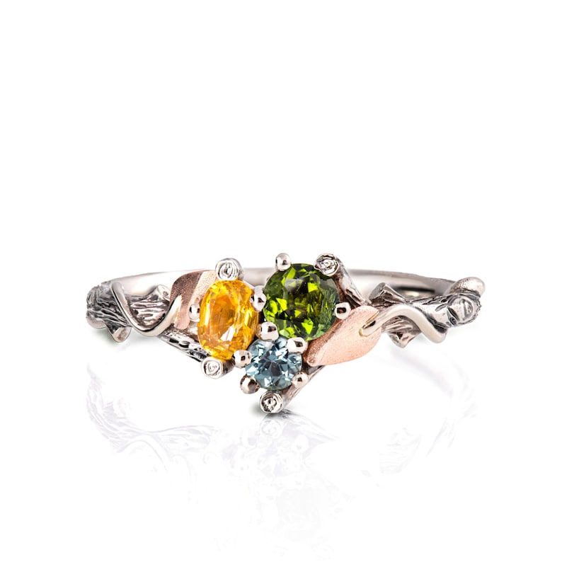 Black and Rose Gold Twig and Leaf Multi Colored Sapphire and Tourmaline