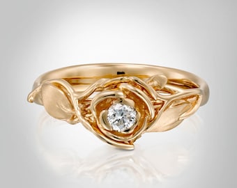 Rose Engagement Ring, 14K Rose Gold and Diamond engagement ring, engagement ring, leaf ring, flower ring, art nouveau, vintage, 3