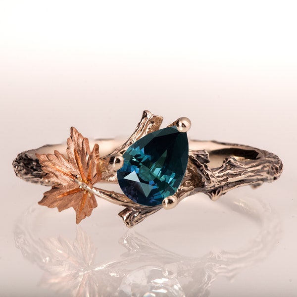 Bague de fiançailles brindille et feuille, bague de fiançailles Teal Sapphire, bague feuille d'érable, bague brindille Montana Sapphire