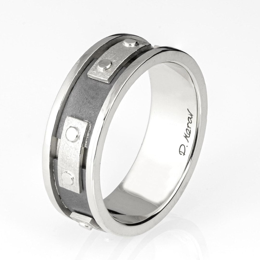 Black and White Platinum Rough Men's Wedding Band