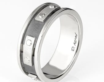 Black and White Platinum Rough Men's Wedding Band