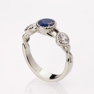 Three Stone Sapphire Ring, Sapphire Ring, Braided Engagement Ring, Blue Sapphire and Diamonds engagement ring, celtic ring, three stone ring