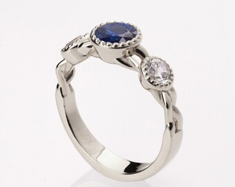 Three Stone Sapphire Ring, Sapphire Ring, Braided Engagement Ring, Blue Sapphire and Diamonds engagement ring, celtic ring, three stone ring